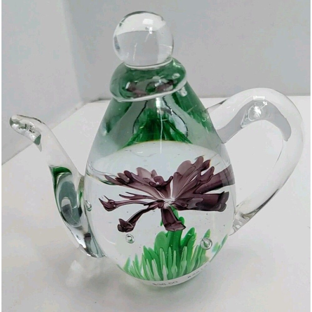 Dynasty Gallery Glass Teapot Purple Flower Paperweight, Heirloom Collectibles